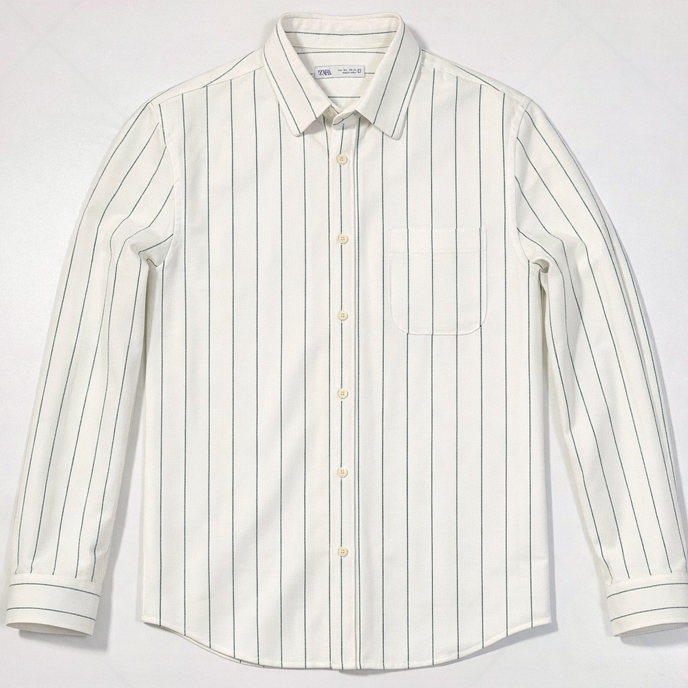 Zara Men's Striped Shirt Ecru - Green Size Large